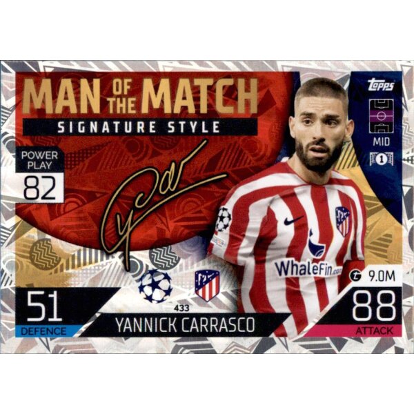 Topps Match Attax Champions League 2022/23 - 433 - Yannick Carrasco - Man of the Match Signature Style